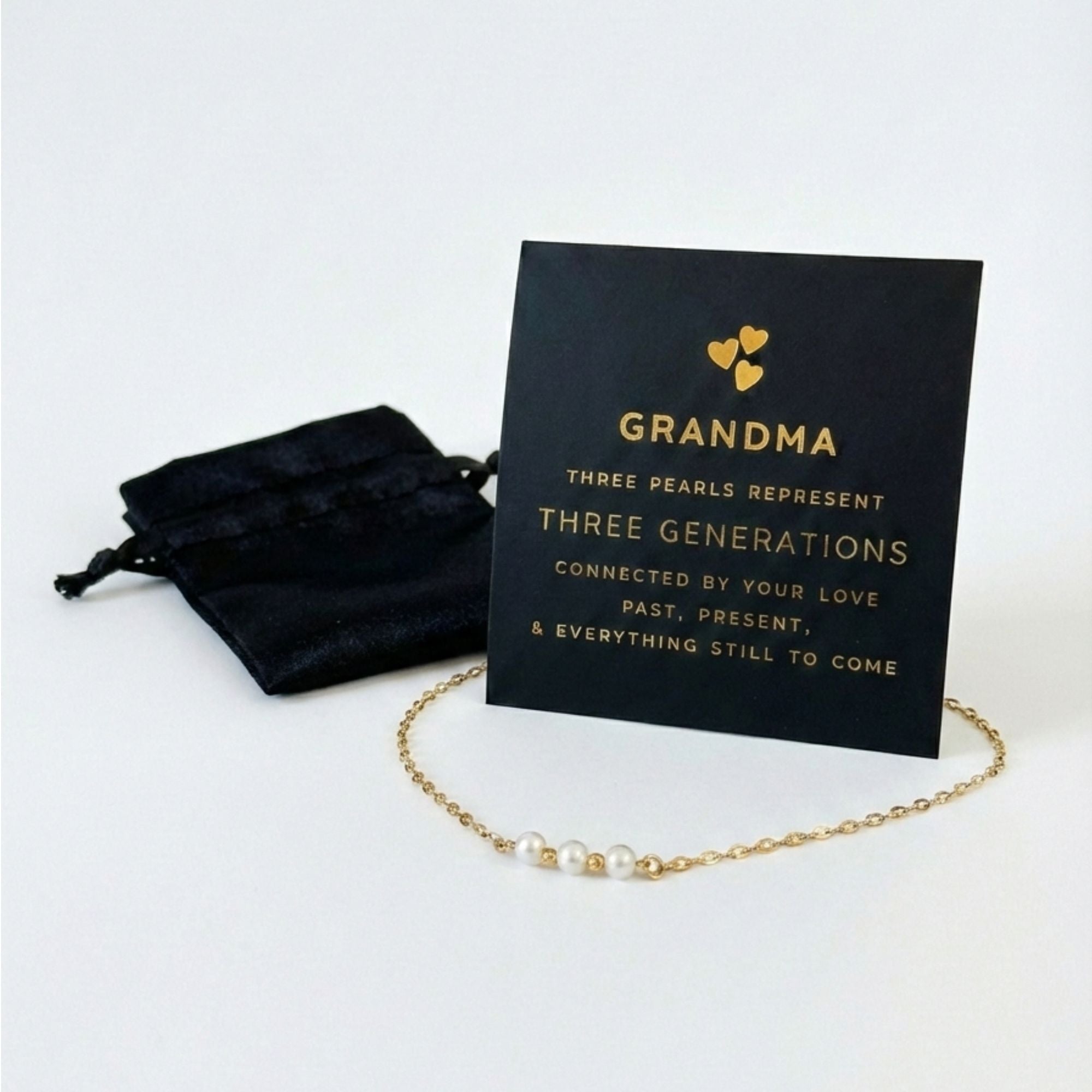 For Grandma - Gold Three Generations Necklace with Card and Gift Box, 3 Freshwater Pearls with Gold Plated Chain