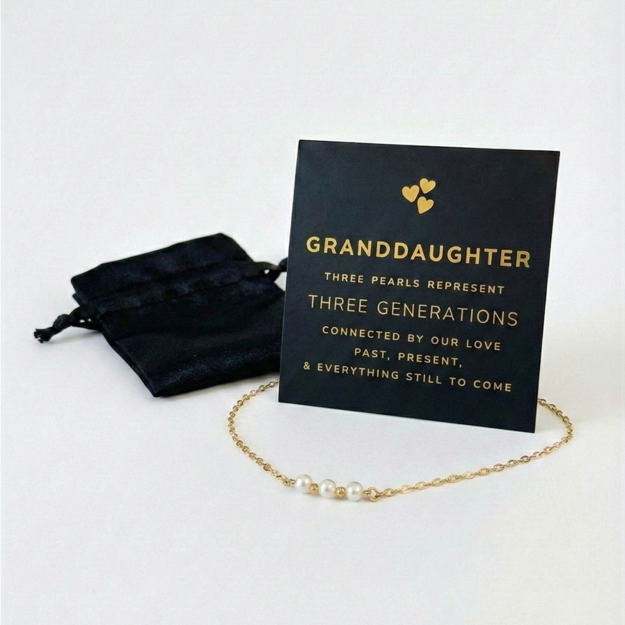 For Granddaughter - Gold Three Generations Necklace with Card and Gift Box, 3 Freshwater Pearls with Gold Plated Chain