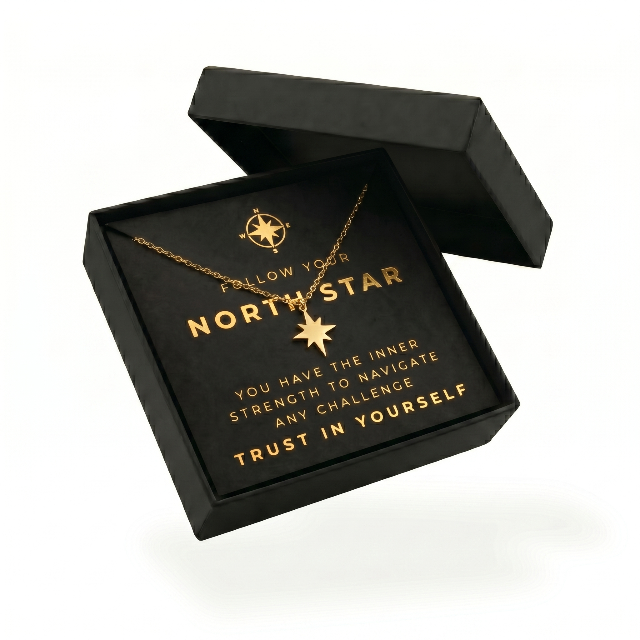 North Star Gold Necklace Gift Box with Card, Inspirational Message - Stainless Steel Crescent Charm Necklace for Women