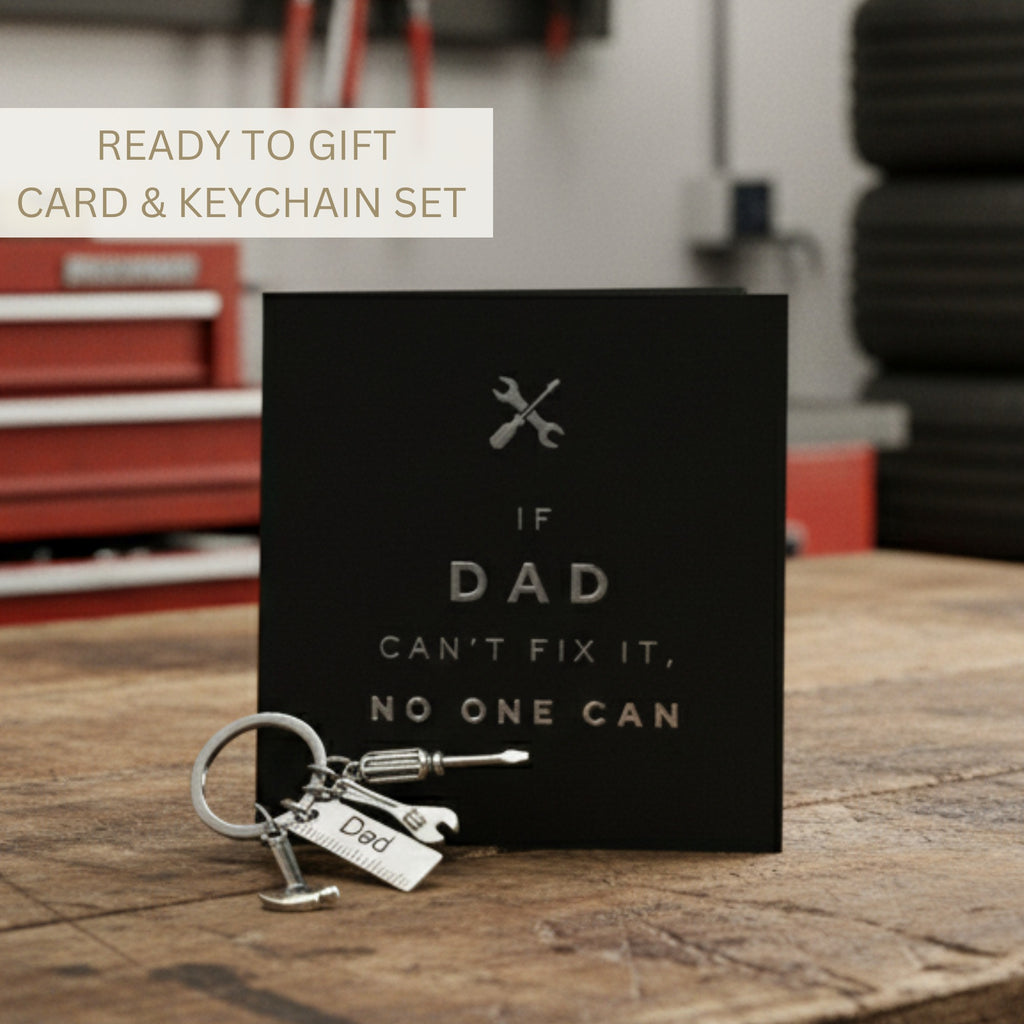 “If Dad Can’t Fix It” Card & Tool Keychain Gift Set – Perfect Father’s Day Gift for Dad