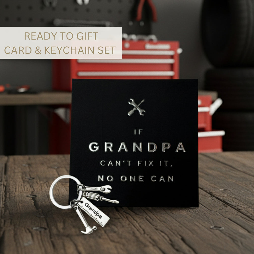 “If Grandpa Can’t Fix It” Card & Tool Keychain Gift Set – Perfect Father’s Day Gift for Grandpa