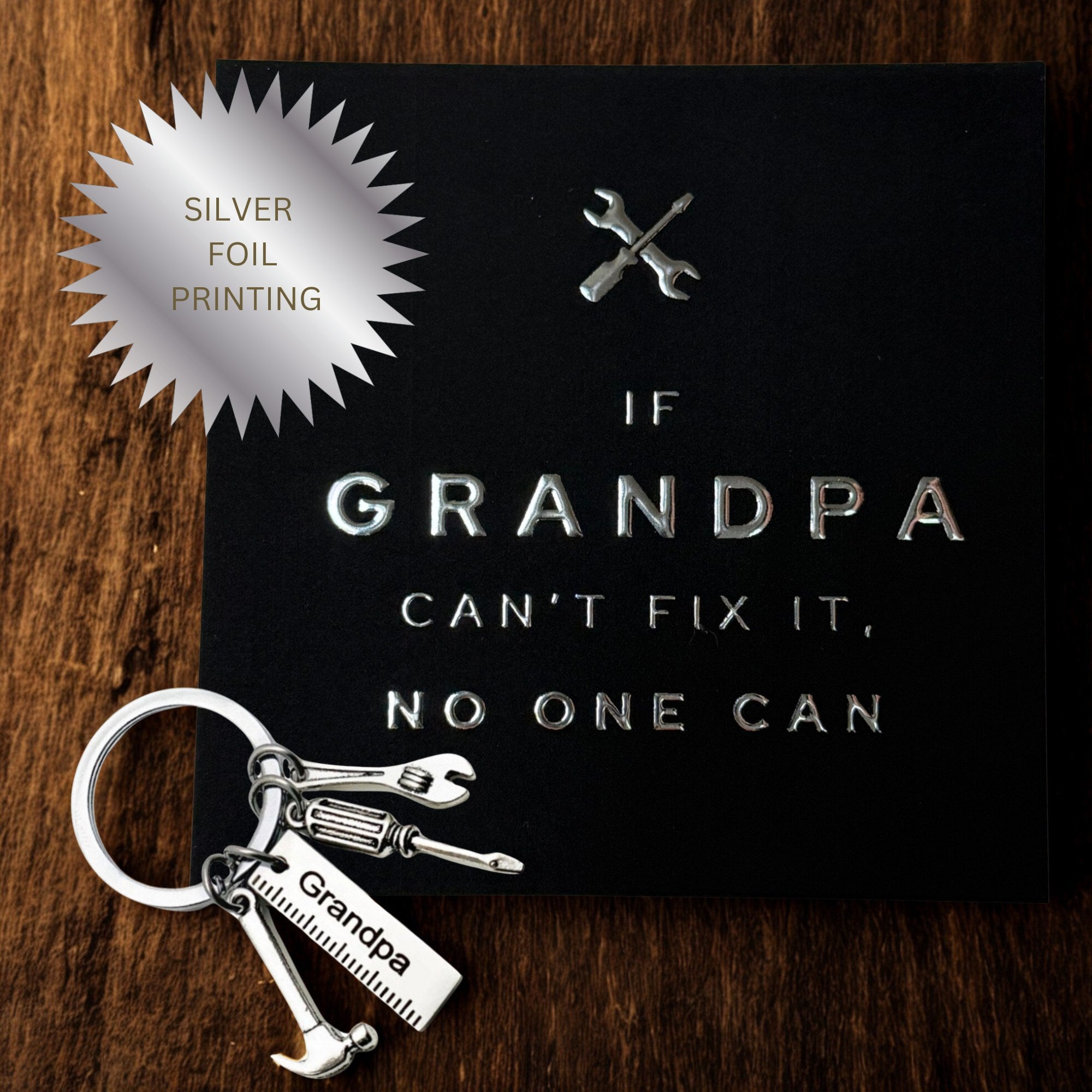 “If Grandpa Can’t Fix It” Card & Tool Keychain Gift Set – Perfect Father’s Day Gift for Grandpa