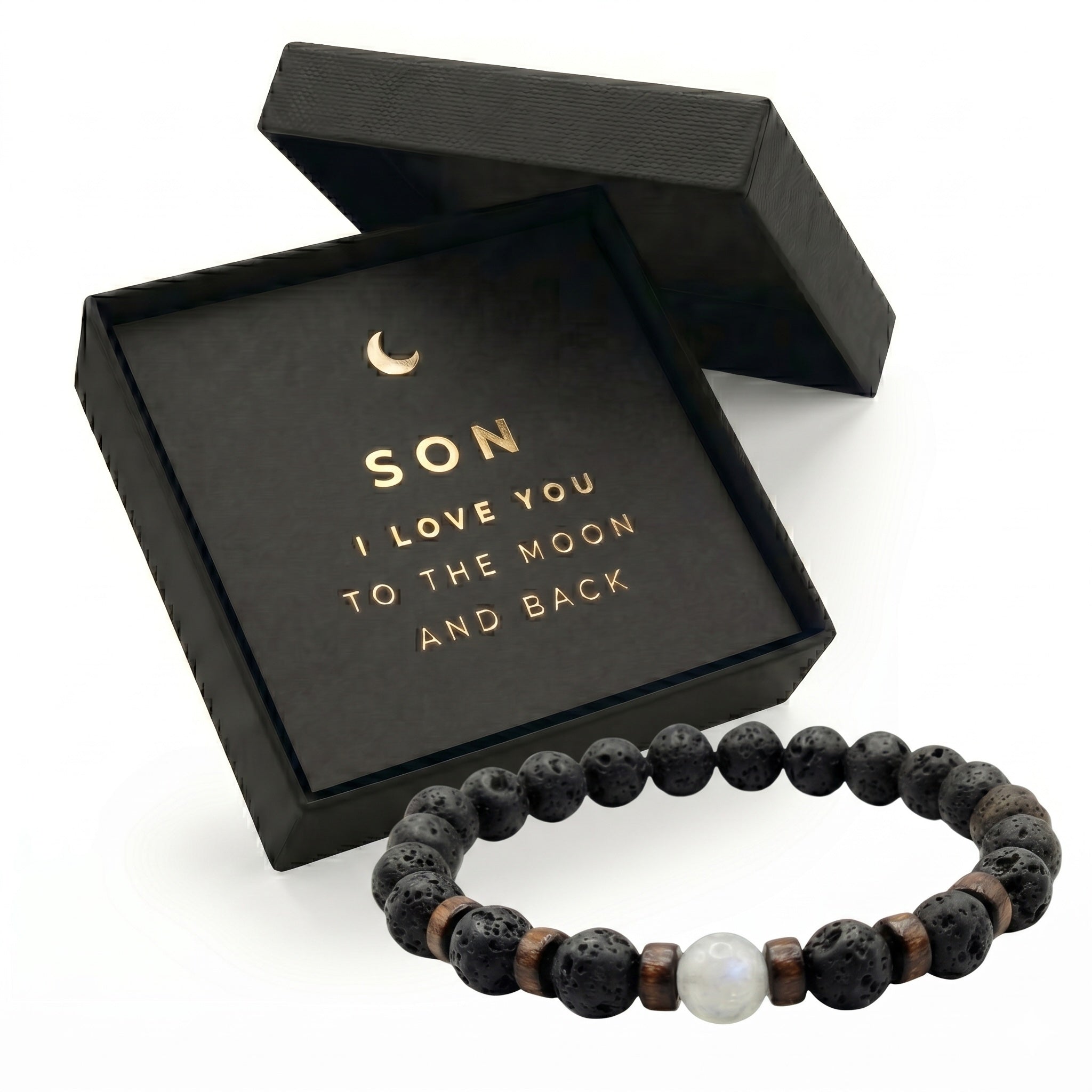 Father's Day Mens Lava Stone Bead Bracelet Gift Box with Card, "Love You to The Moon and Back"